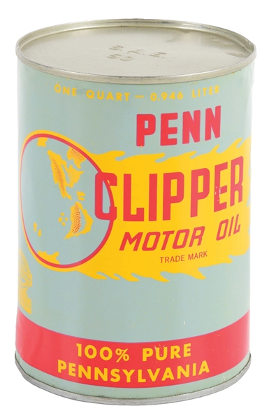 PENN CLIPPER MOTOR OIL ONE QUART CAN W/ GLOBE GRAPHIC. 