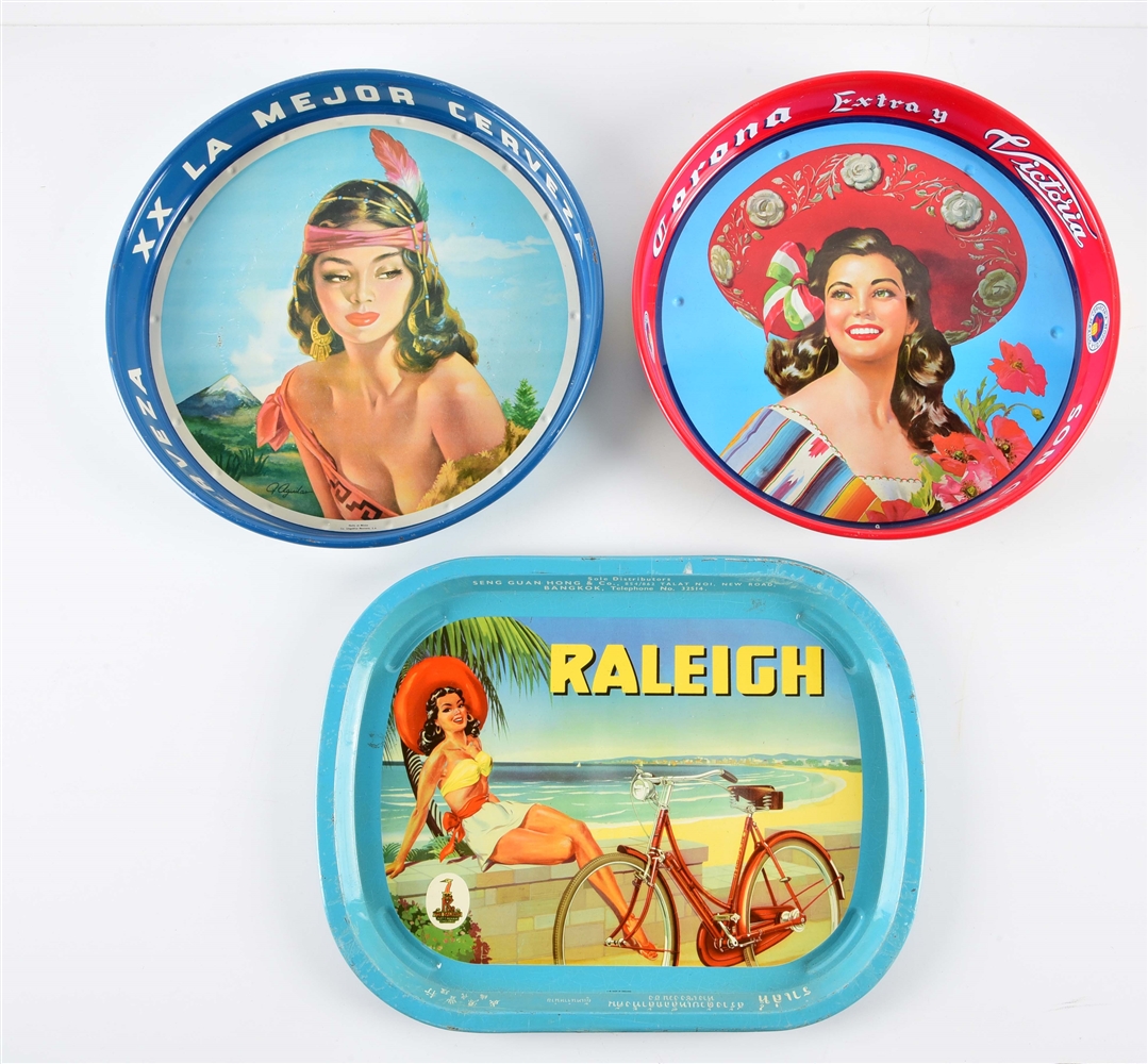 LOT OF 3: FOREIGN ADVERTISING TRAYS.