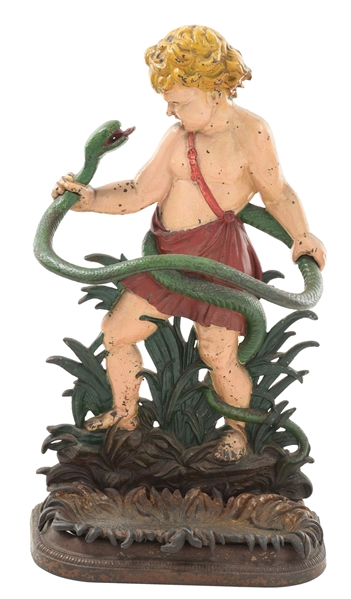 FIGURAL UMBRELLA STAND SHOWING SMALL BOY FIGHTING A SNAKE.