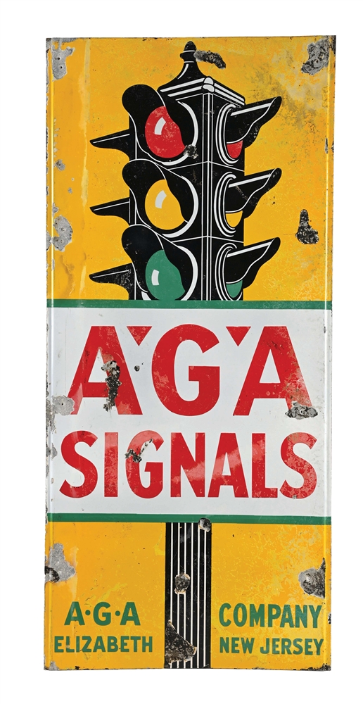 A.G.A SIGNALS PORCELAIN LIGHTHOUSE SIGN W/ TRAFFIC SIGNAL GRAPHIC.