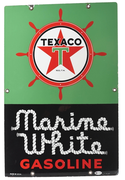 TEXACO MARINE WHITE GASOLINE PORCELAIN PUMP PLATE W/ ROPE & BOAT WHEEL GRAPHIC. 