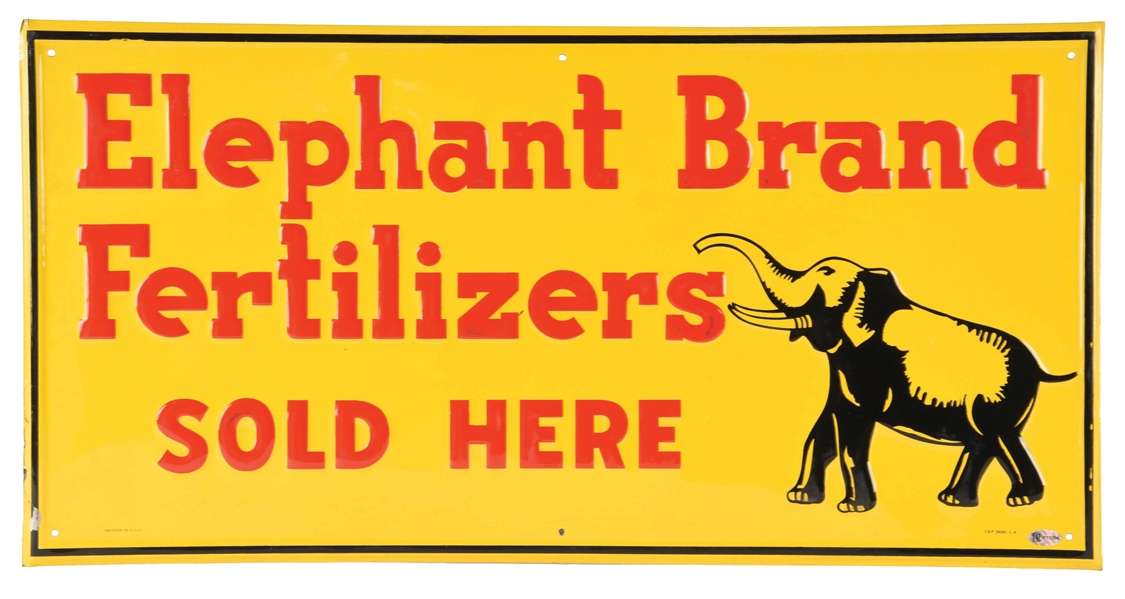 ELEPHANT BRAND FERTILIZERS SOLD HERE EMBOSSED TIN SIGN W/ ELEPHANT GRAPHIC. 