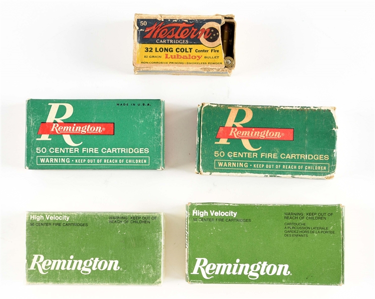 LOT OF 5: BOXES OF .32 AND .38 COLT AMMUNITION.