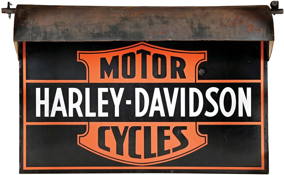 OUTSTANDING HARLEY DAVIDSON MOTORCYCLES TWO PIECE PORCELAIN DEALERSHIP SIGN W/ ORIGINAL LIGHTED HOOD. 
