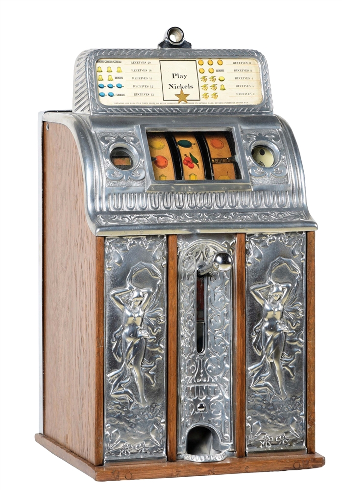 5¢ CAILLE BROS. VICTORY BELL NUDE FRONT SLOT MACHINE.