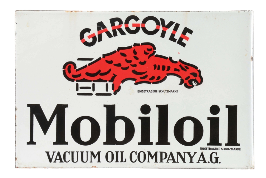 RARE GARGOYLE MOBILOIL PORCELAIN FLANGE SIGN W/ GARGOYLE GRAPHIC. 