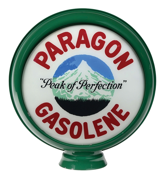 VERY RARE PARAGON "PEAK OF PERFECTION" GASOLENE 15" SINGLE GLOBE LENS ON METAL HIGH PROFILE BODY. 