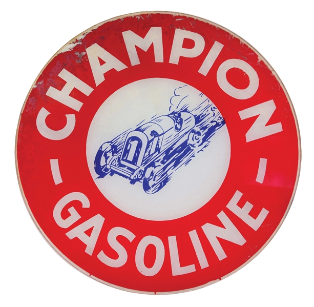 VERY RARE CHAMPION GASOLINE 15" SINGLE GLOBE LENS W/ RACE CAR GRAPHIC. 
