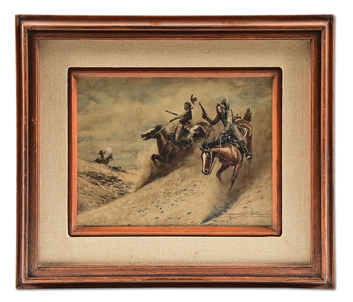 DONALD M. YENA "ONE LESS HORSE" WATERCOLOR ON PLEXIGLAS PAINTING, FRAMED.
