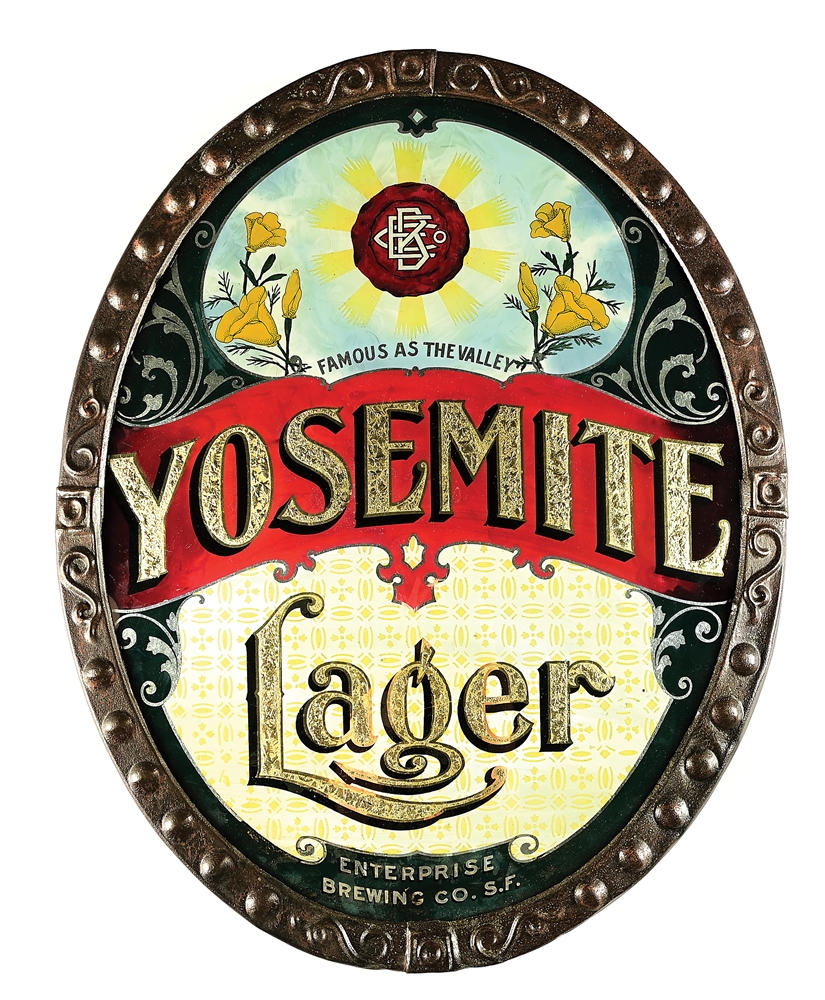 YOSEMITE LAGER REVERSE PAINTED ON GLASS BEER ADVERTISEMENT.