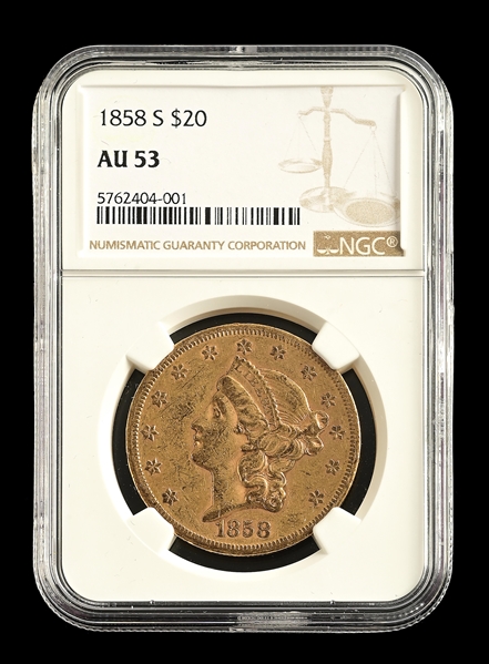 1858 S $20 LIBERTY GOLD NGS AU53.