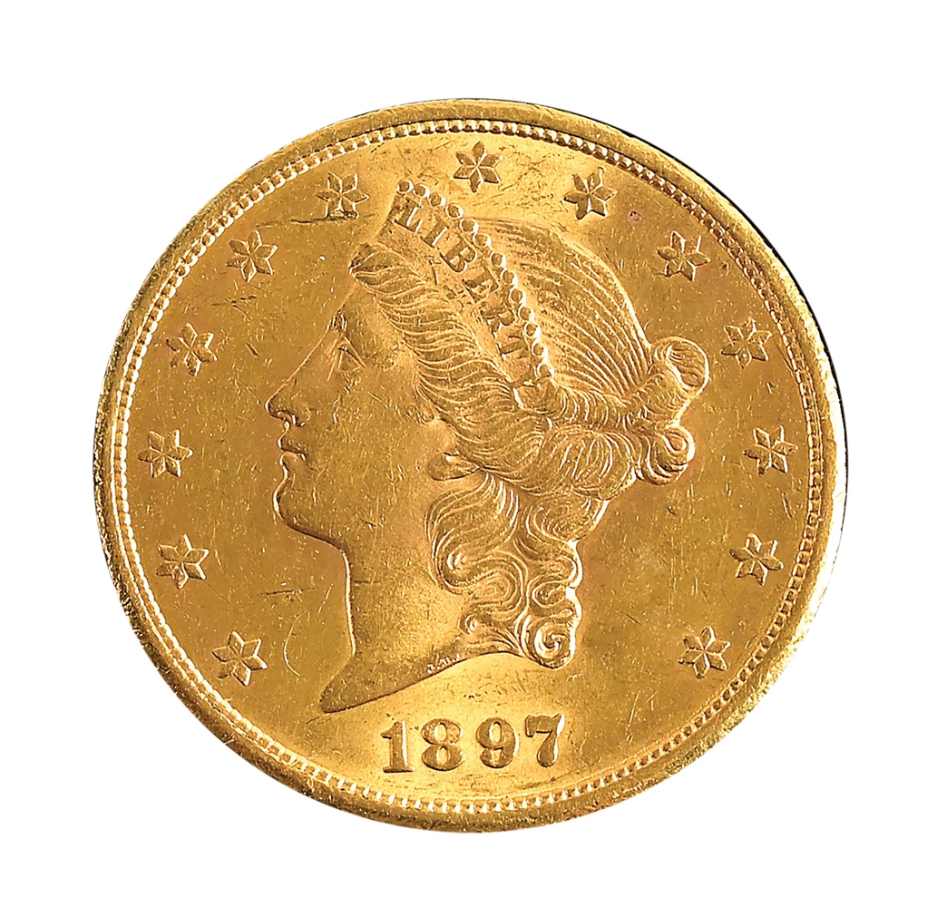 1897 S $20 LIBERTY HEAD GOLD COIN.