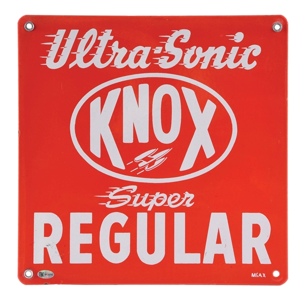 KNOX ULTRA SONIC SUPER REGULAR GASOLINE PORCELAIN PUMP PLATE SIGN. 