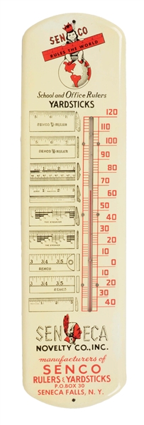 SENECA NOVELTY CO. RULERS & YARDSTICKS TIN ADVERTISING THERMOMETER W/ NATIVE AMERICAN GRAPHIC. 