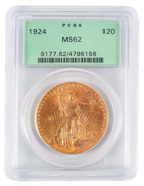1924 $20 ST. GAUDENS GOLD COIN, MS62, PCGS.