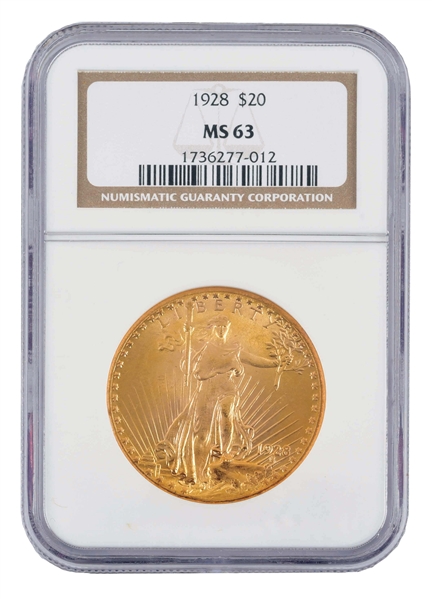 1928 $20 ST. GAUDENS GOLD COIN, MS63, NGC.