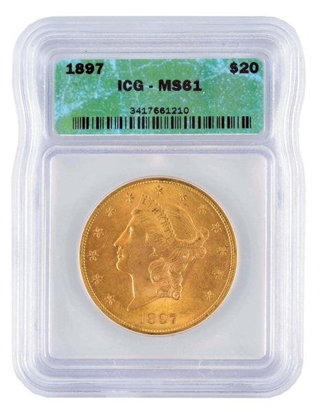 1897 $20 LIBERTY GOLD COIN, MS61, ICG.