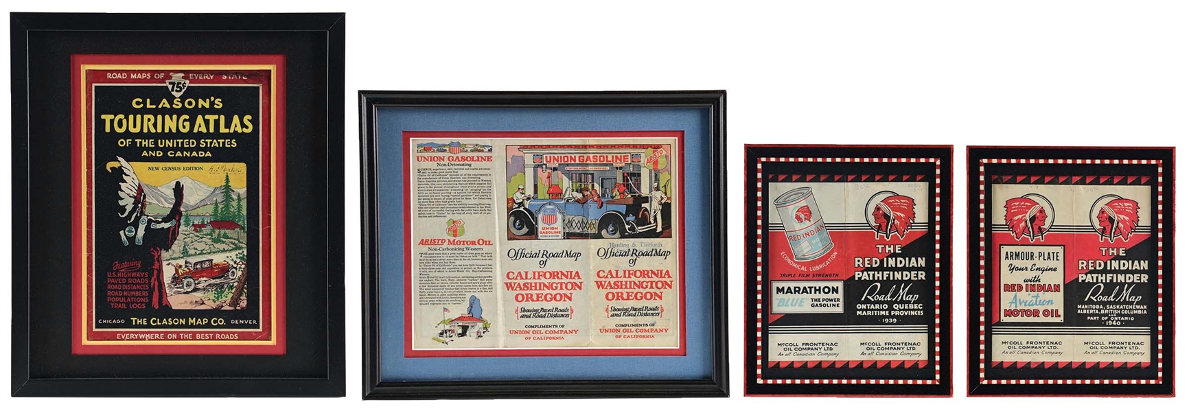 COLLECTION OF 4 AUTOMOTIVE-RELATED FRAMED PAPER LITHOGRAPHS.