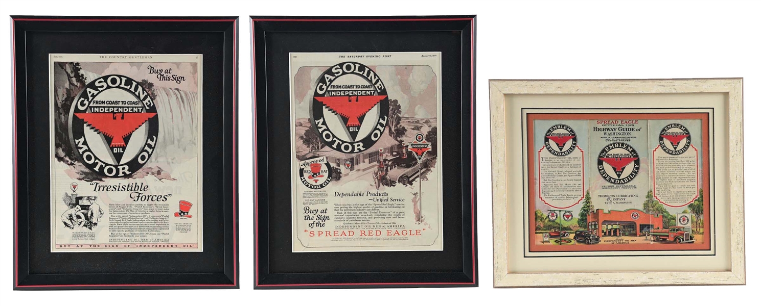 COLLECTION OF 3 PROFFESIONALLY FRAMED INDEPENDENT OIL ADVERTISEMENTS..