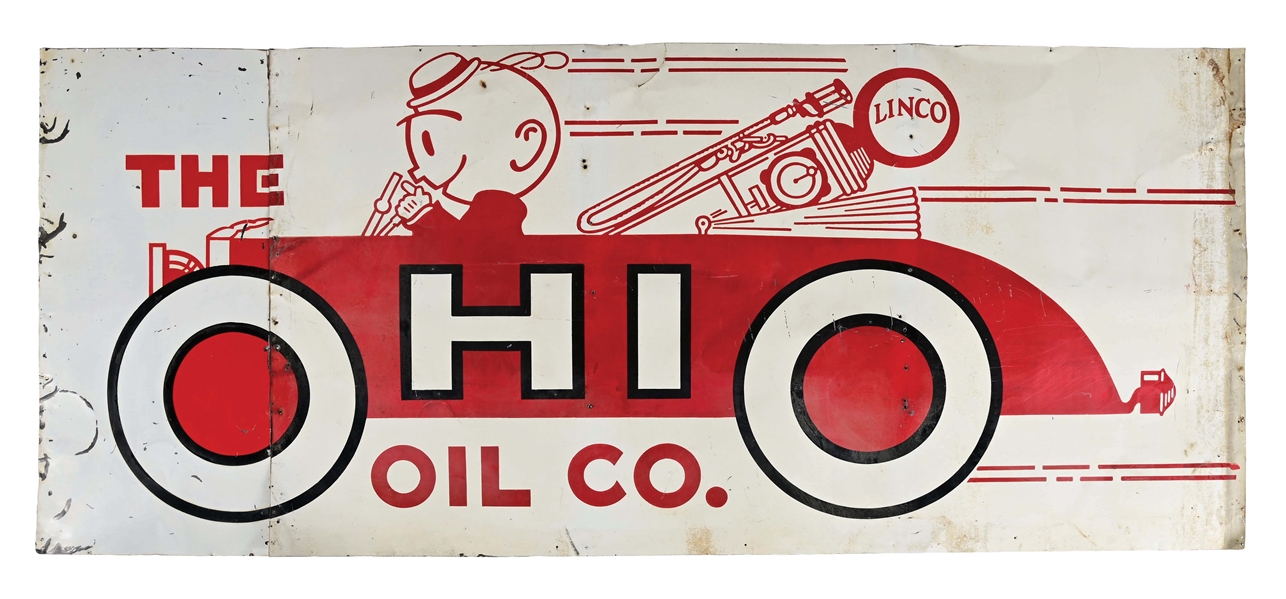 THE OHIO OIL CO. SINGLE-SIDED TIN SIGN W/ CAR GRAPHIC.