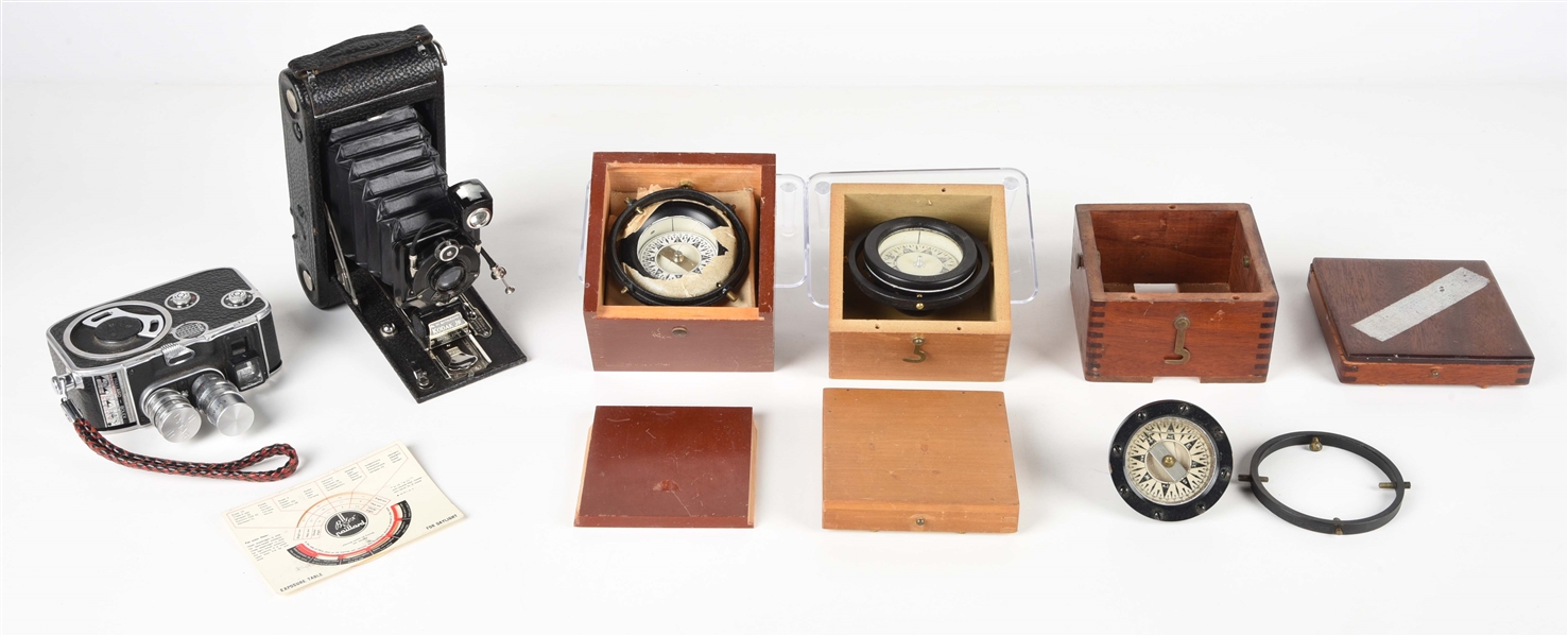 LOT OF 5: 3 SHIP COMPASSES AND 2 CAMERAS.