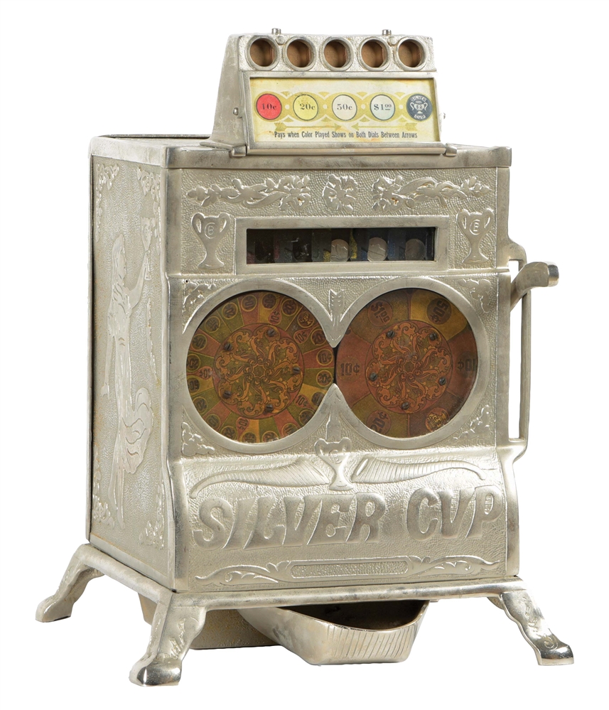 5¢ CAILLE BROS. SILVER CUP COUNTER TWO WHEEL SLOT MACHINE.