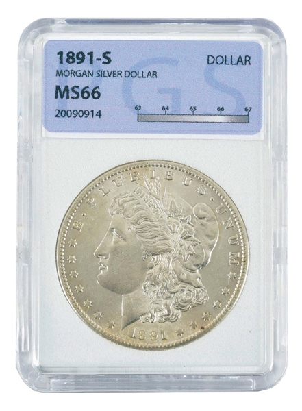 1891-S MORGAN SILVER DOLLAR, MS66, PGS.