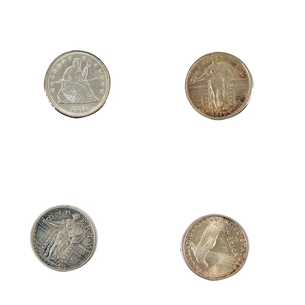 LOT OF 4 QUARTERS: 3 STANDING LIBERTY, 1 SEATED LIBERTY.