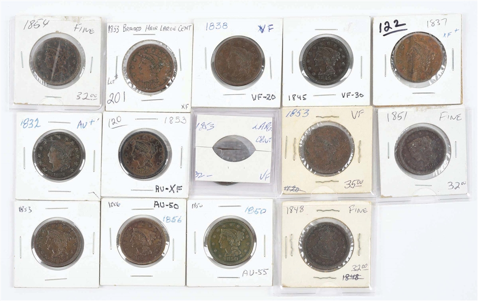 LOT OF 14: 1832-1856 LARGE CENTS, NOT GRADED.