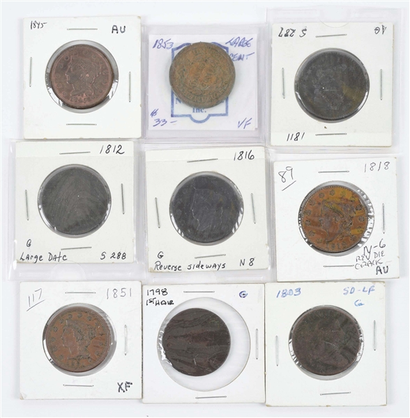 LOT OF 9: 1798-1853 LARGE CENTS, NOT GRADED.