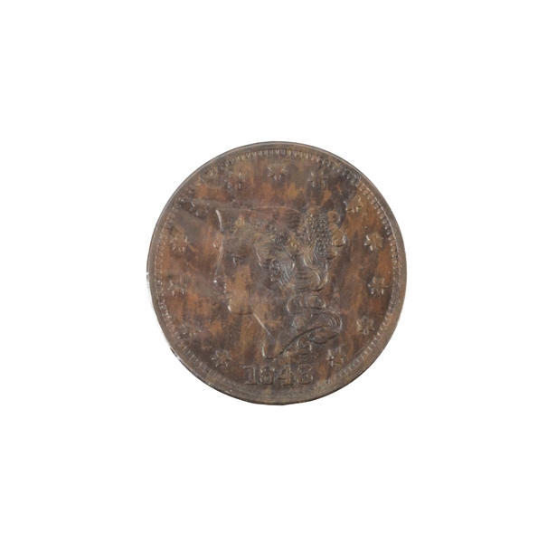 1843 LARGE CENT, PETITE HEAD, SMALL LETTERS, MS 62 BROWN.