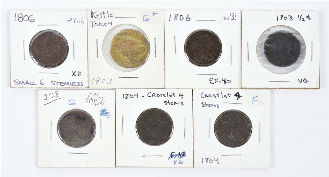 LOT OF 7: 6 HALF CENT COINS & 1 KETTLE TOKEN COIN.