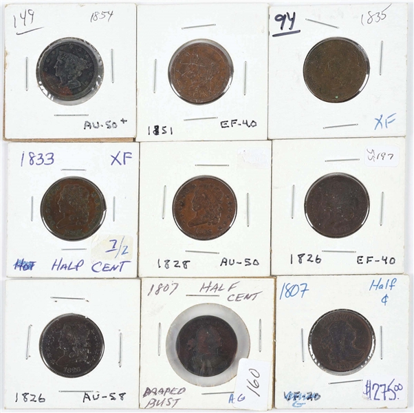 LOT OF 9: HALF-CENT COINS.