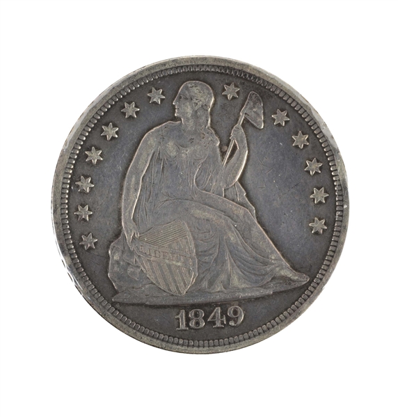 1849 SEATED LIBERTY SILVER DOLLAR, VF.