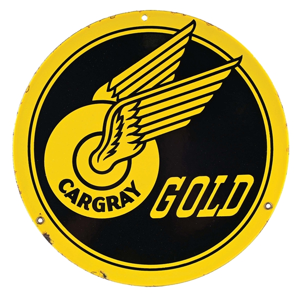 RARE CARGRAY GOLD GASOLINE PORCELAIN PUMP PLATE W/ WINGED WHEEL GRAPHIC. 