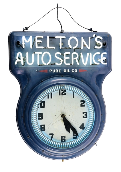 PURE OIL COMPANY "MELTONS AUTO SERVICE" NEON SPINNER CLOCK.
