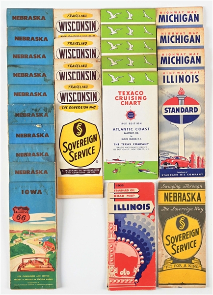 COLLECTION OF 25 VARIOUS OIL COMPANY HIGHWAY & WATERWAY MAPS FROM TEXACO, STANDARD, PHILLIPS 66 & OTHERS. 