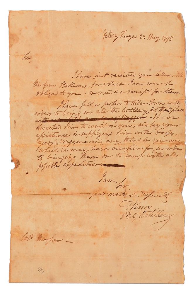 1778 VALLEY FORGE LETTER SIGNED BY HENRY KNOX.