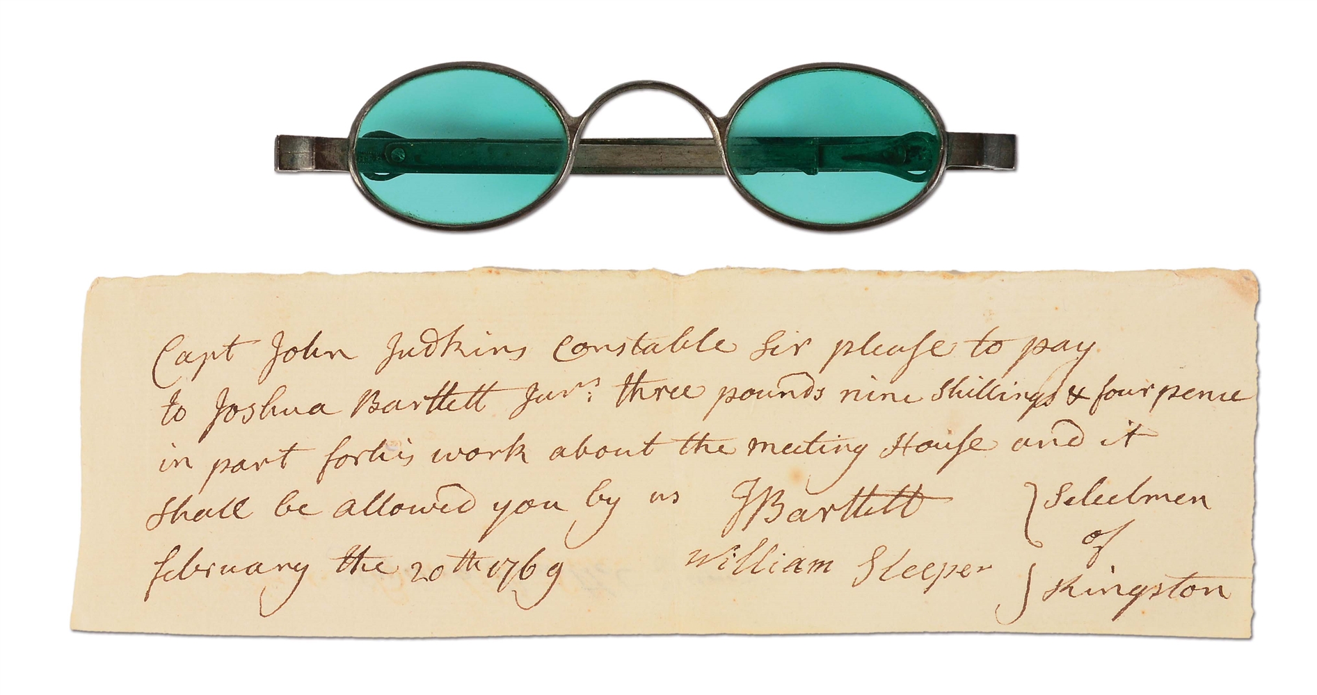 DECLARATION OF INDEPENDENCE SIGNER JOSIAH BARTLETT SIGNED LETTER AND GLASSES.