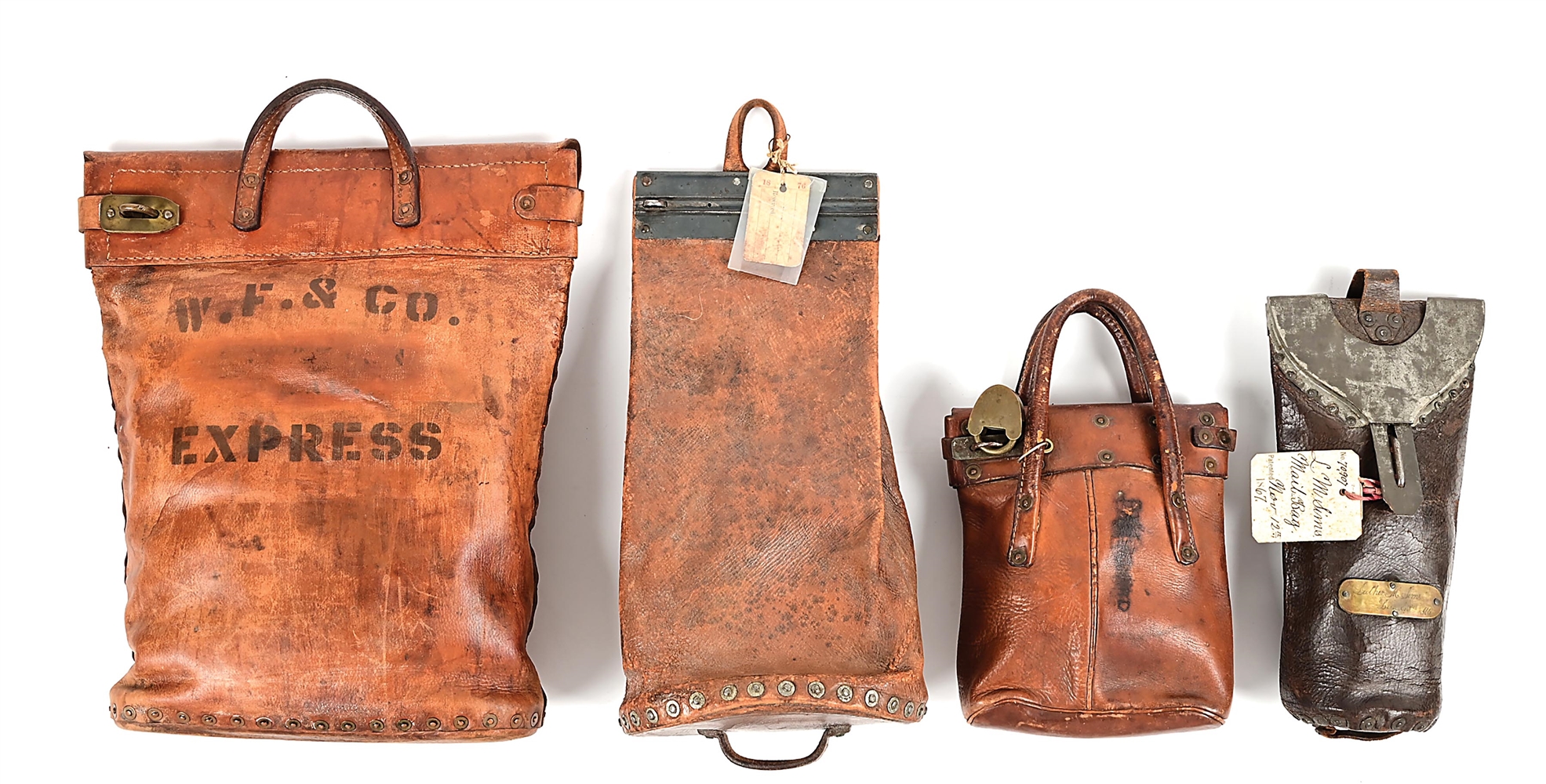 LOT OF 4: WELLS FARGO LEATHER MONEY / MAIL BAGS.