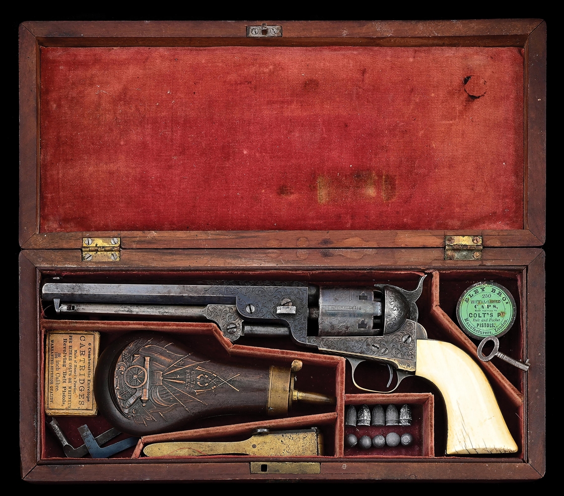 (A) IMPORTANT LANGTONS EXPRESS INSCRIBED, CASED AND ENGRAVED COLT 1851 NAVY PERCUSSION REVOLVER OF JOHN E. AGER.