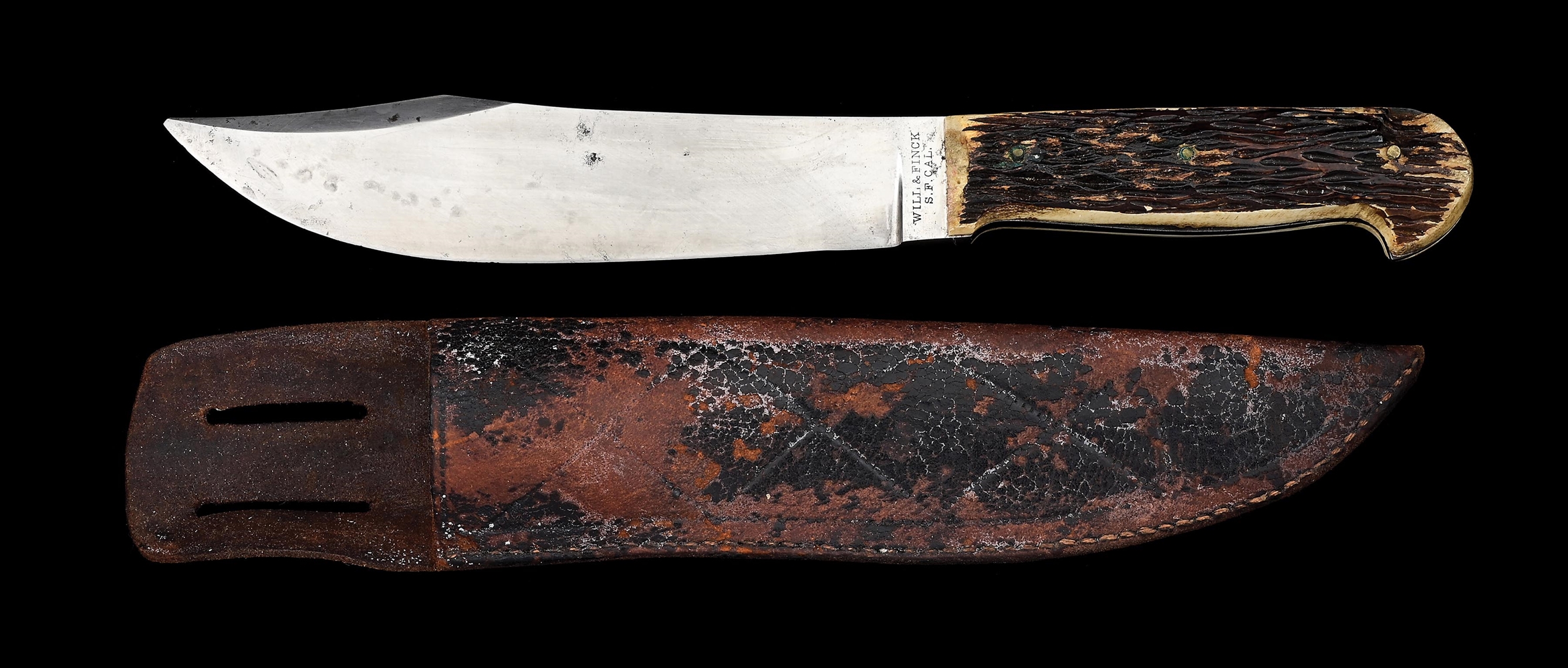 WILL & FINCK SAN FRANCISCO BOWIE KNIFE IN LEATHER SCABBARD.