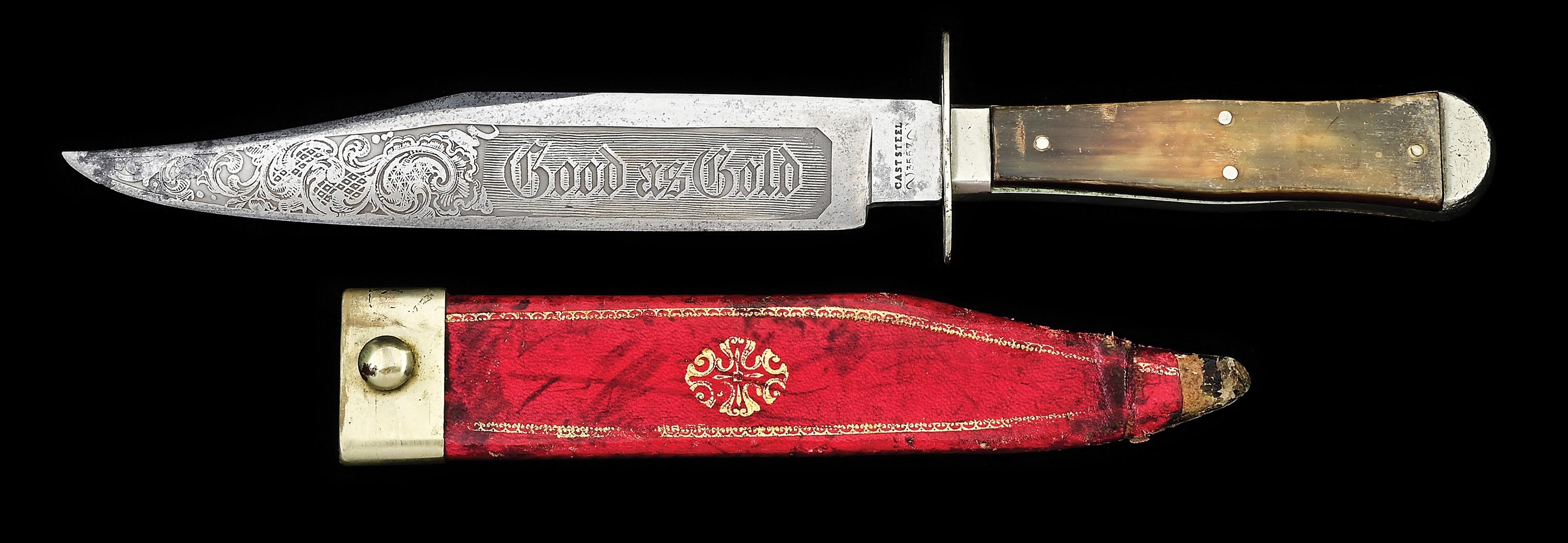 ENGLISH "GOOD AS GOLD" ETCHED BOWIE KNIFE WITH MORROCAN LEATHER SCABBARD.