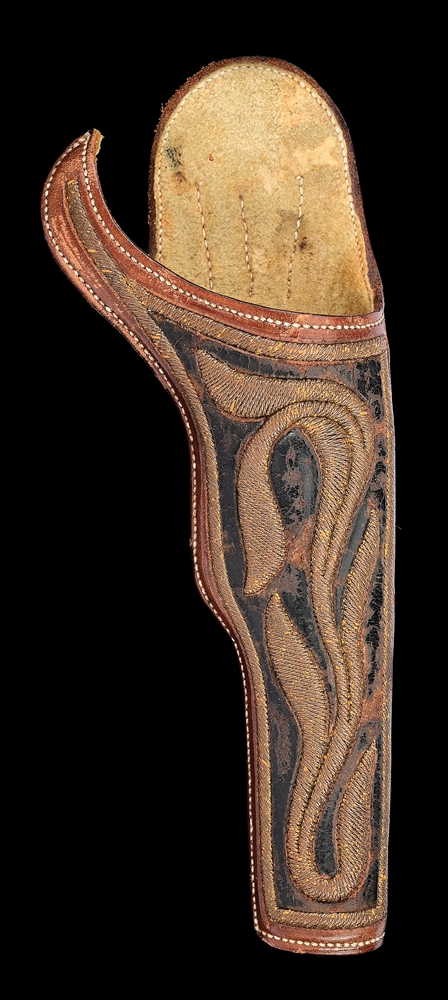 MAIN & WINCHESTER TOOLED LEATHER HOLSTER WITH CHAMOIS LINING AND BULLION EMBROIDERY.