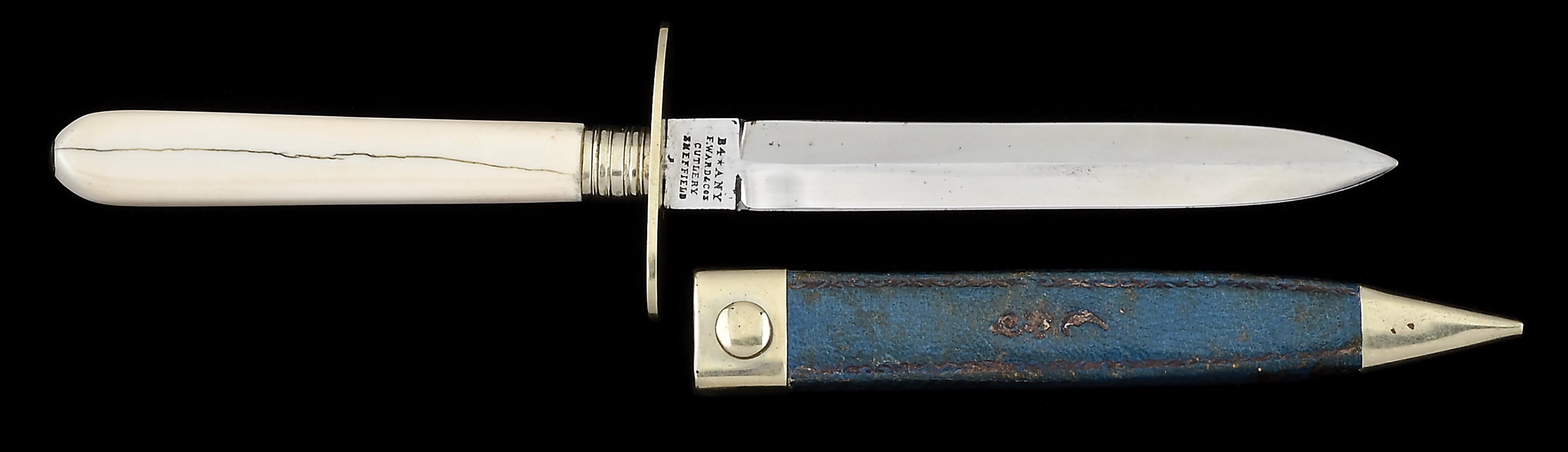 SHEFFIELD MADE F. WARD & CO. MARKED IVORY HANDLED SMALL BOWIE KNIFE.