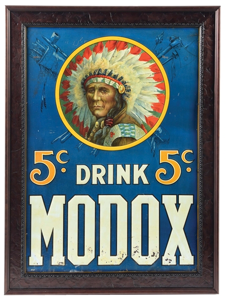 OUTSTANDING EARLY "DRINK MODOX" EMBOSSED TIN SIGN W/ NATIVE AMERICAN GRAPHIC.