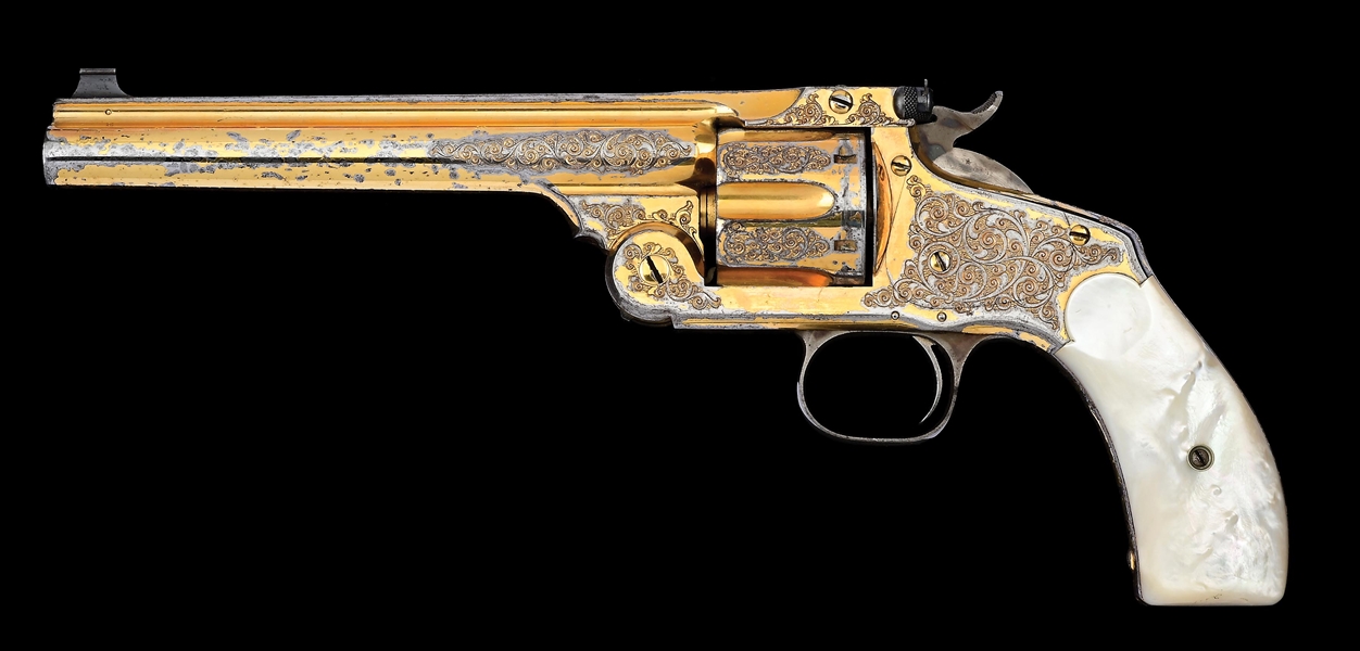 (A) FACTORY GOLD PLATED & ENGRAVED SMITH & WESSON NEW MODEL NO. 3 SINGLE ACTION REVOLVER WITH FACTORY LETTER & MOTHER OF PEARL GRIPS.