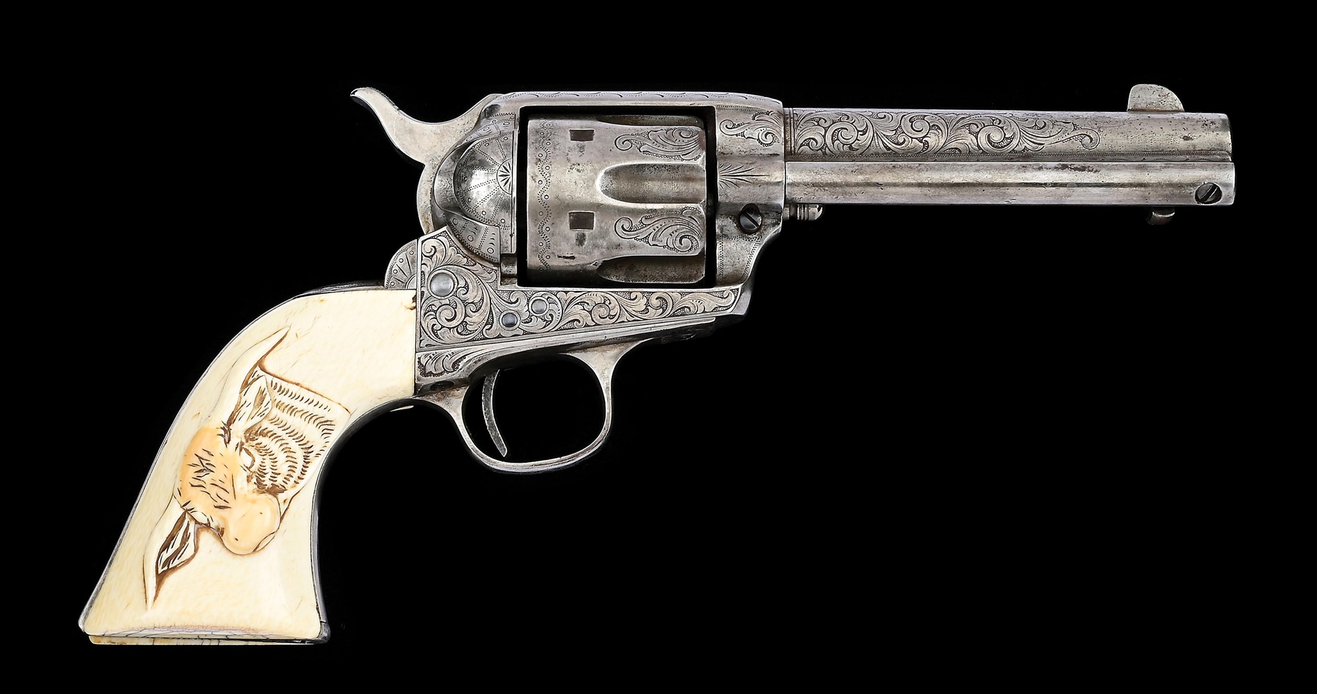 (A) MASTER ENGRAVED & SILVER PLATED COLT SINGLE ACTION ARMY REVOLVER INSCRIBED "E.V. EMPIRE RANCH" WITH RESEARCH (1897).