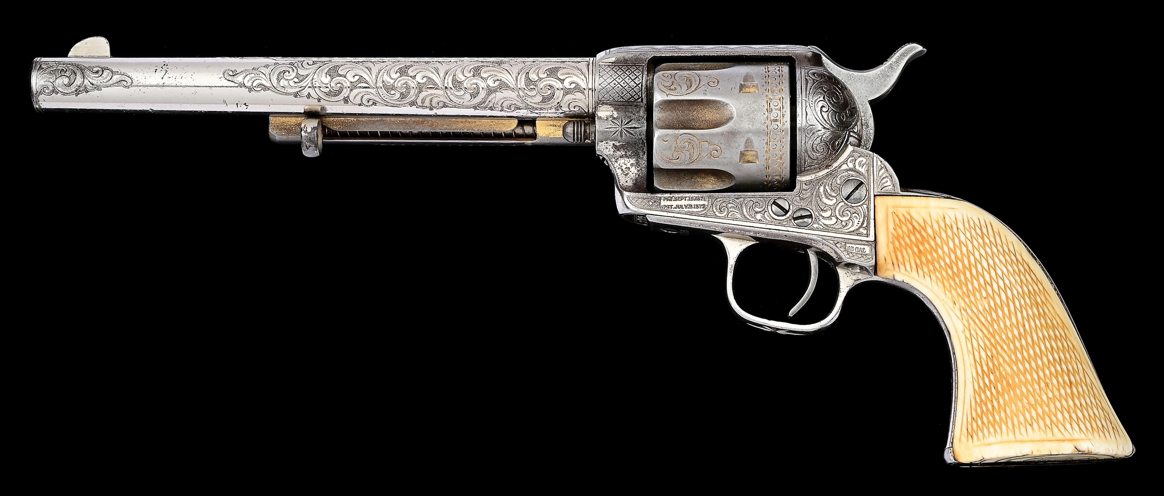(A) MASTER ENGRAVED ENGRAVED, NICKEL & GOLD PLATED, COLT SINGLE ACTION ARMY REVOLVER WITH IVORY GRIPS, FACTORY LETTER, & RESEARCH (1875).