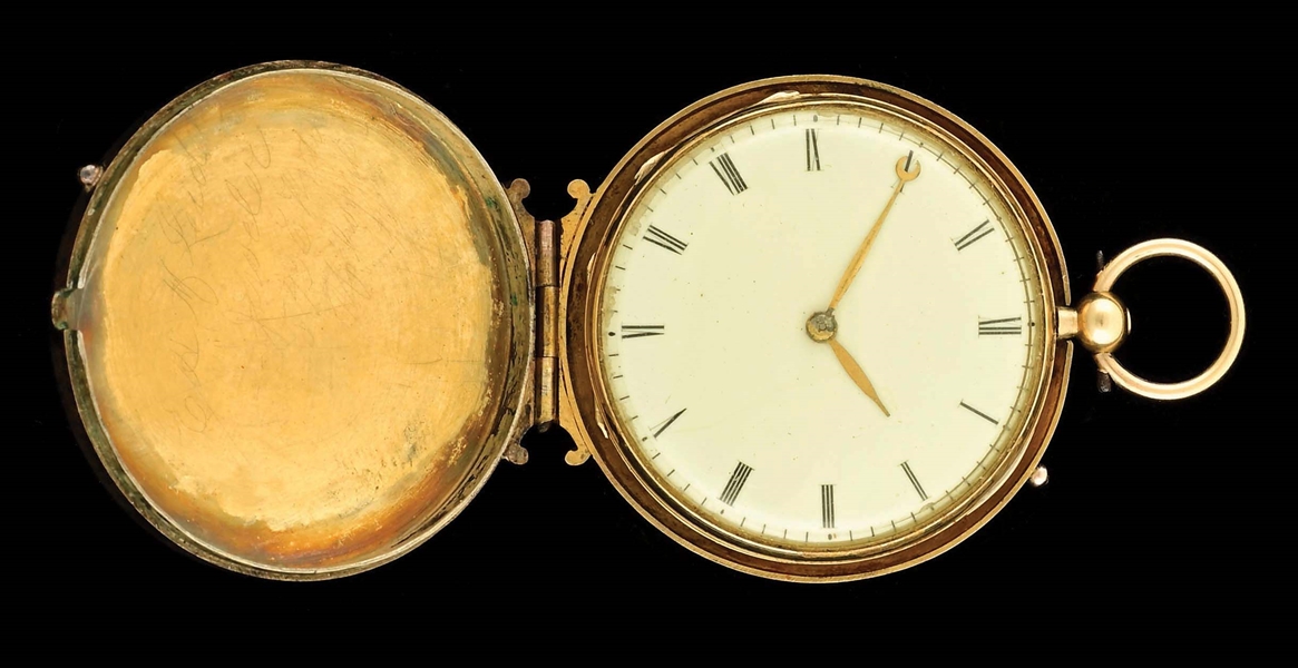 A. CALAME, GENEVA 18K GOLD ENAMELED O/F POCKET WATCH W/OUTER CASE.